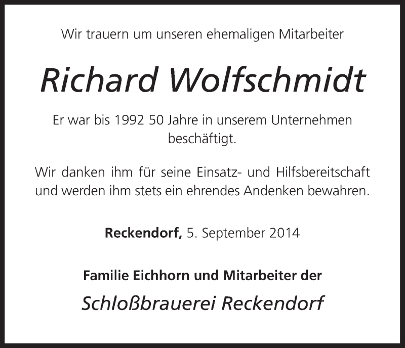  Traueranzeige für Richard Wolfschmidt vom 06.09.2014 aus MGO