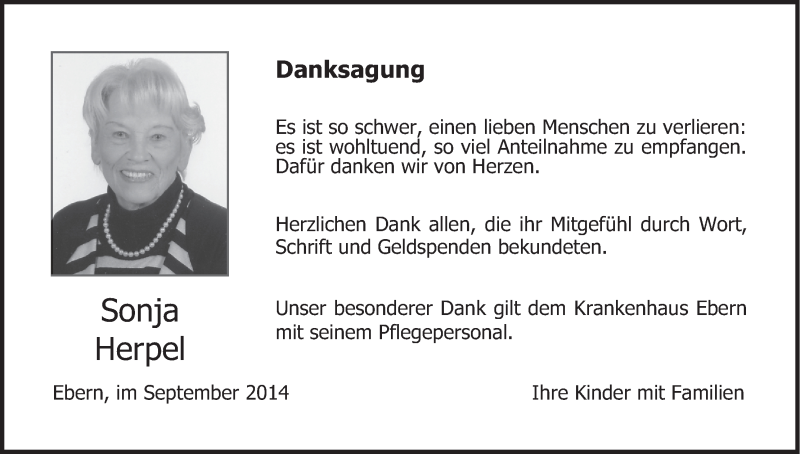  Traueranzeige für Sonja Herpel vom 13.09.2014 aus MGO