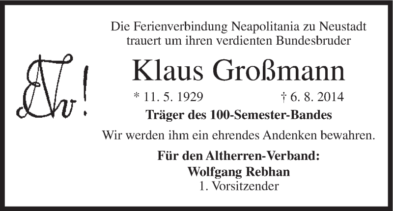  Traueranzeige für Klaus Großmann vom 06.09.2014 aus MGO