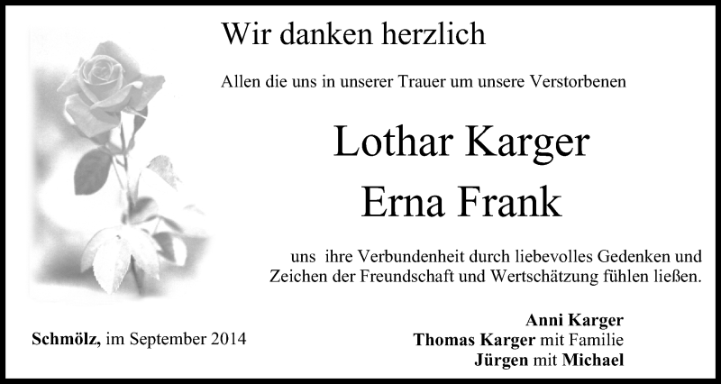  Traueranzeige für Lothar Karger vom 06.09.2014 aus MGO