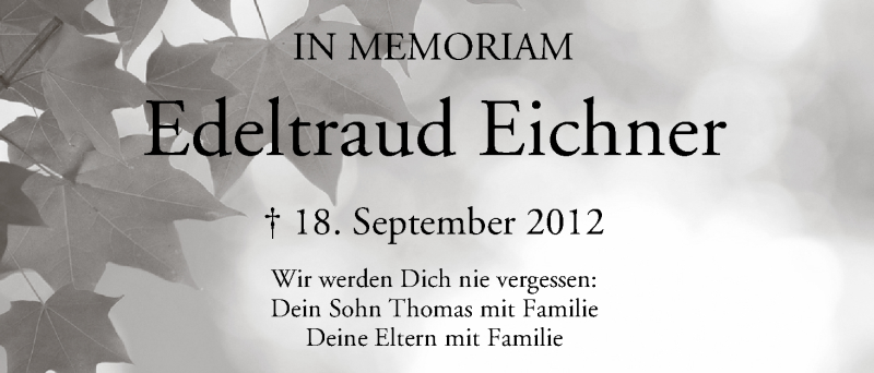  Traueranzeige für Edeltraud Eichner vom 18.09.2014 aus MGO