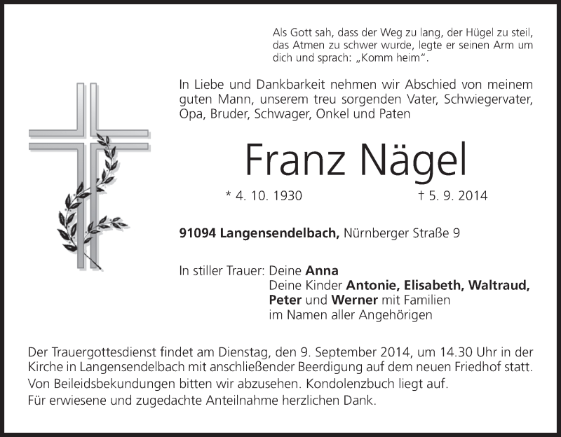  Traueranzeige für Franz Nägel vom 08.09.2014 aus MGO