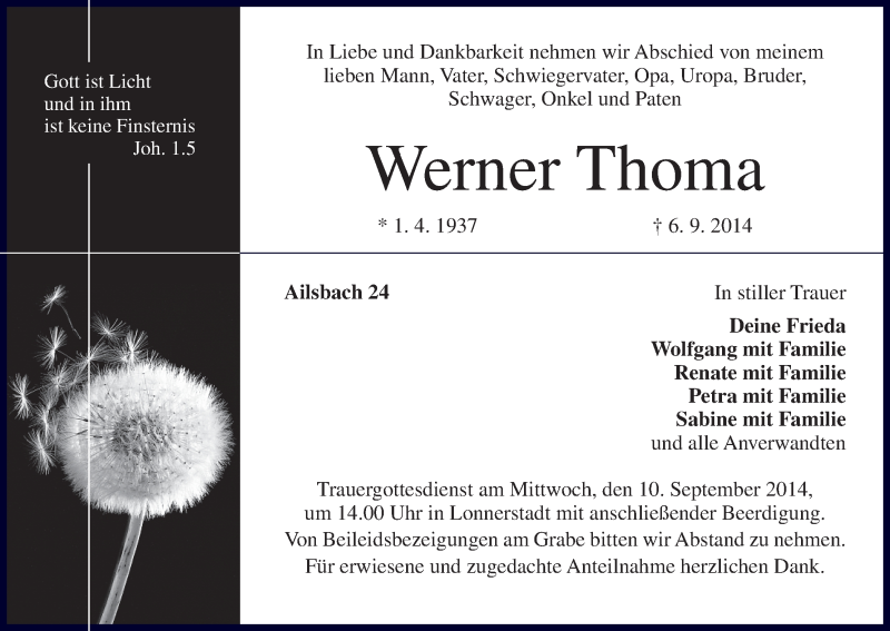  Traueranzeige für Werner Thoma vom 08.09.2014 aus MGO