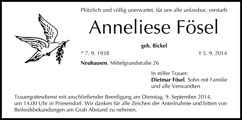  Traueranzeige für Anneliese Fösel vom 08.09.2014 aus MGO