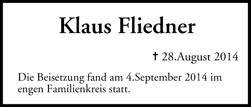  Traueranzeige für Klaus Fliedner vom 09.09.2014 aus MGO