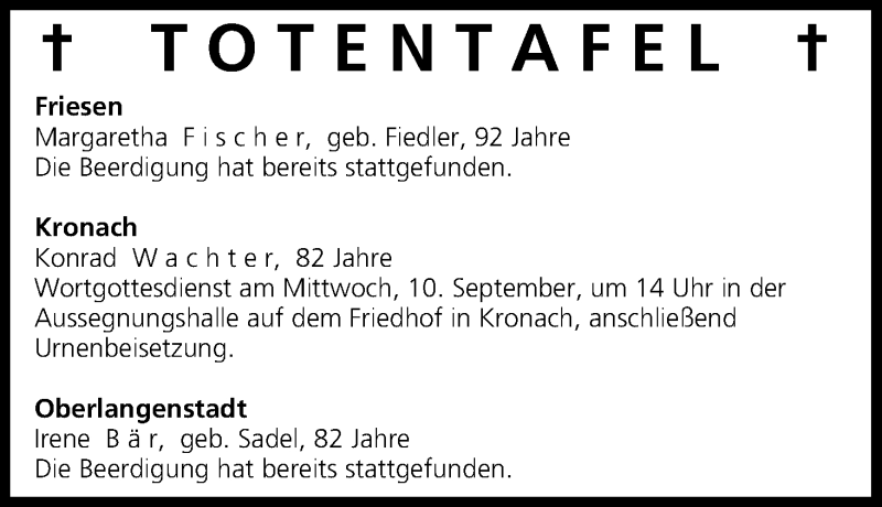  Traueranzeige für Totentafel 09.09.2014 vom 09.09.2014 aus MGO