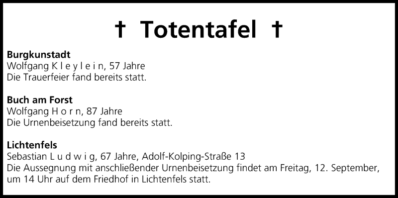  Traueranzeige für Totentafel 09.09.2014 vom 09.09.2014 aus MGO