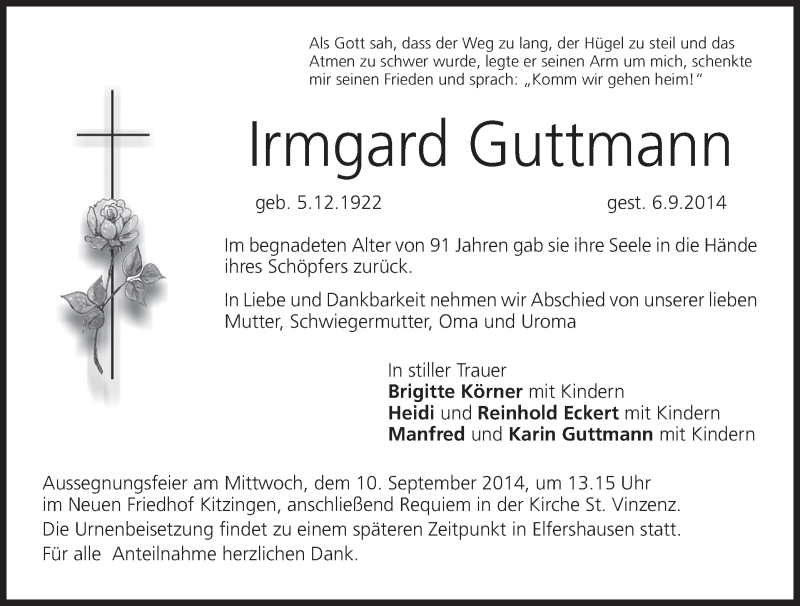  Traueranzeige für Irmgard Guttmann vom 09.09.2014 aus MGO