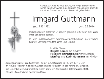 Anzeige von Irmgard Guttmann von MGO