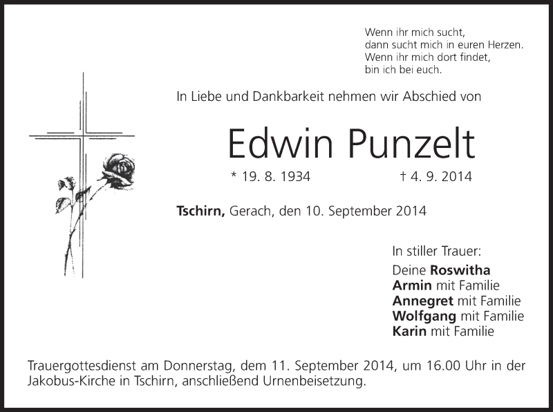  Traueranzeige für Edwin Punzelt vom 10.09.2014 aus MGO
