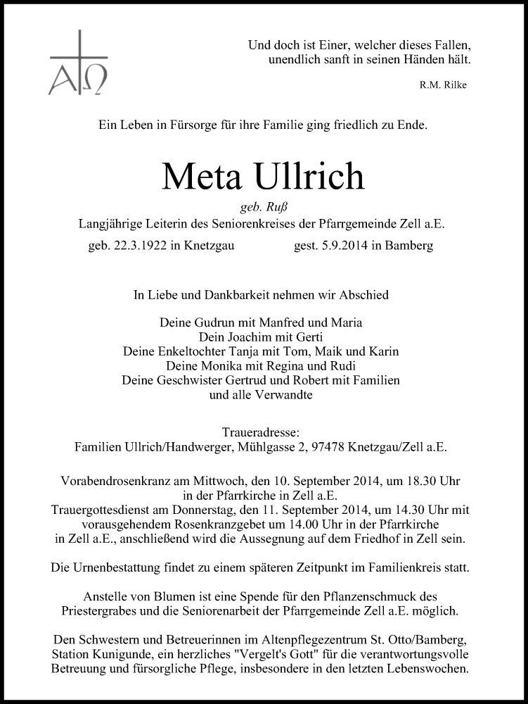  Traueranzeige für Meta Ullrich vom 09.09.2014 aus MGO