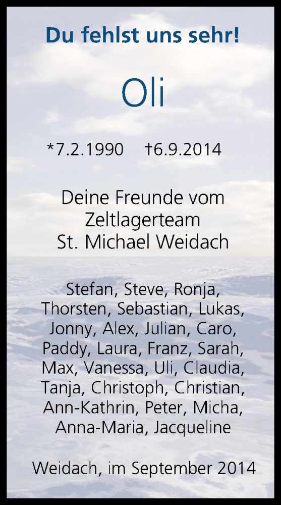  Traueranzeige für Oli  vom 10.09.2014 aus MGO