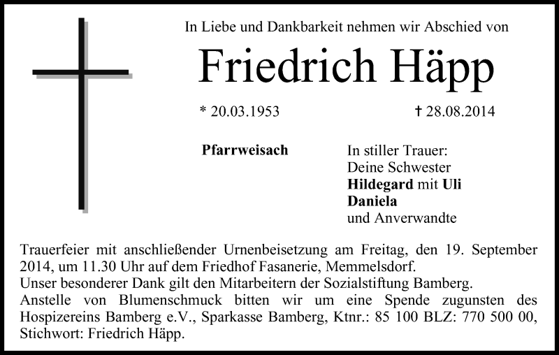  Traueranzeige für Friedrich Häpp vom 16.09.2014 aus MGO