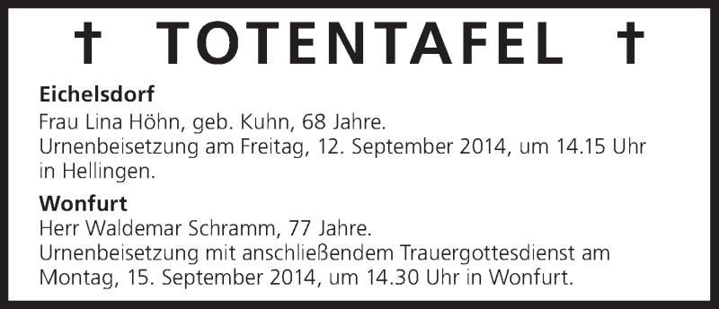  Traueranzeige für Totentafel 10.09.2014 vom 10.09.2014 aus MGO