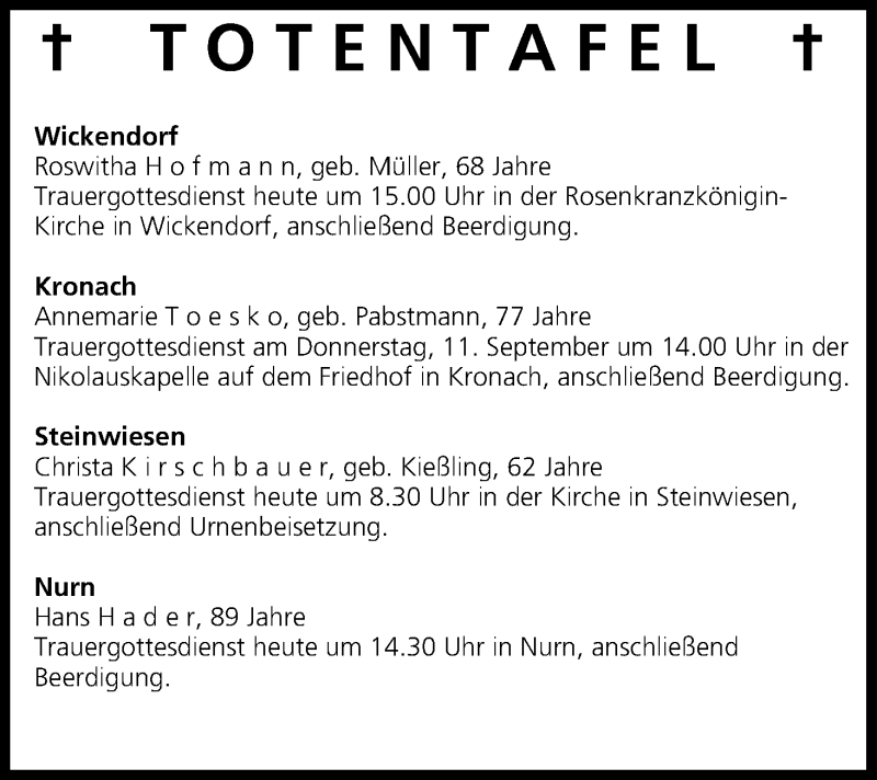  Traueranzeige für Totentafel 10.09.2014 vom 10.09.2014 aus MGO