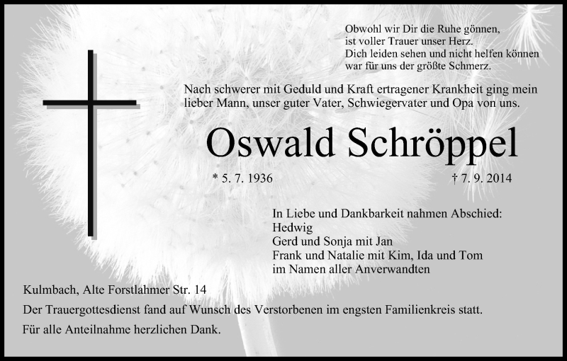  Traueranzeige für Oswald Schröppel vom 13.09.2014 aus MGO