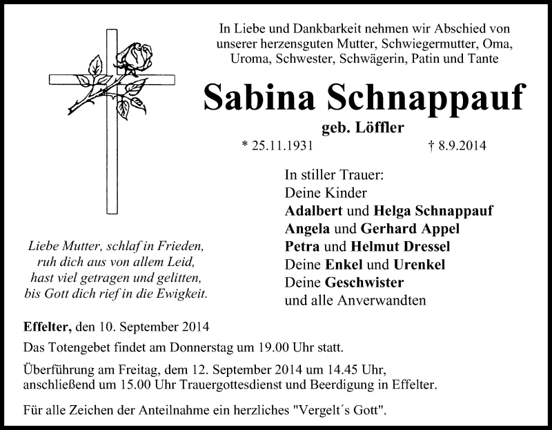  Traueranzeige für Sabina Schnappauf vom 10.09.2014 aus MGO