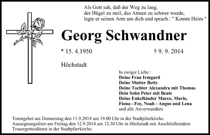  Traueranzeige für Georg Schwandner vom 11.09.2014 aus MGO