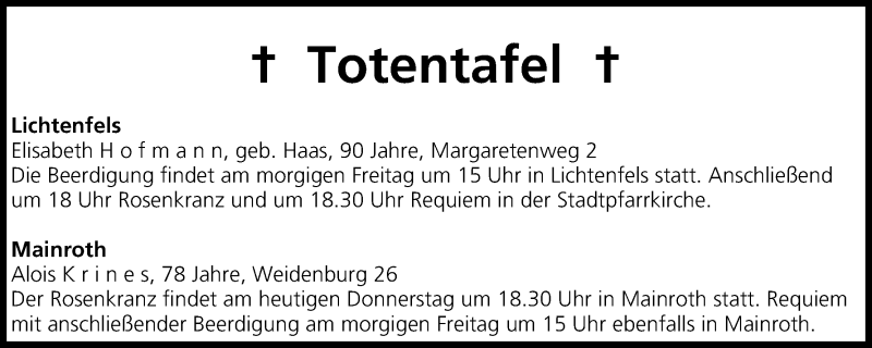  Traueranzeige für Totentafel vom 11.09.2014 vom 11.09.2014 aus MGO