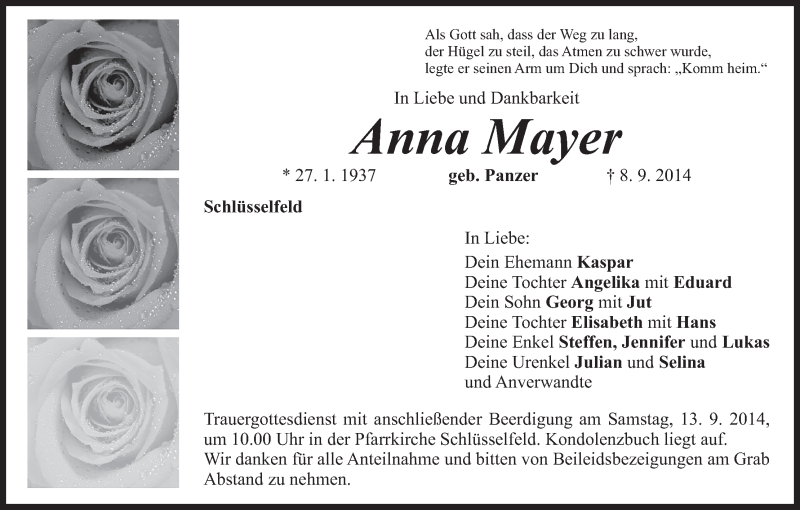  Traueranzeige für Anna Mayer vom 12.09.2014 aus MGO
