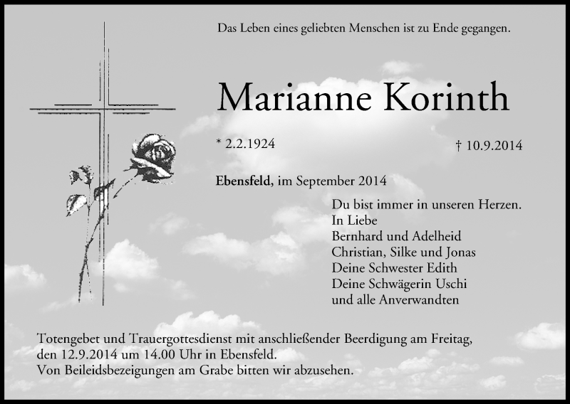  Traueranzeige für Marianne Korinth vom 11.09.2014 aus MGO