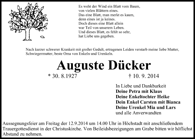  Traueranzeige für Auguste Dücker vom 11.09.2014 aus MGO