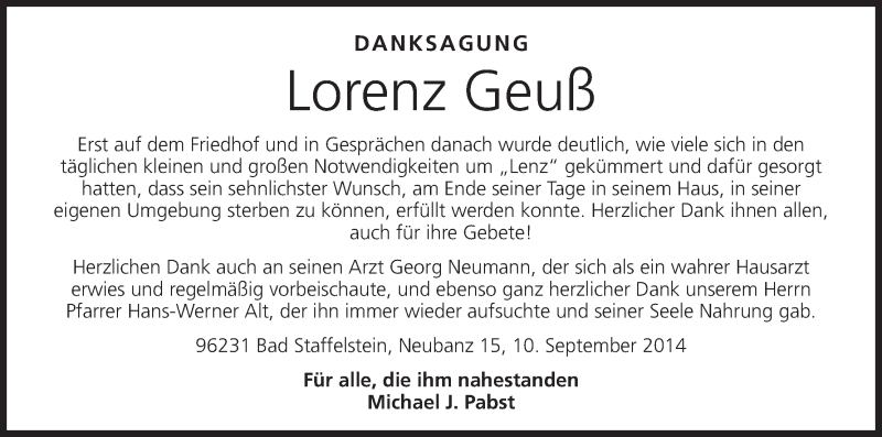  Traueranzeige für Lorenz Geuß vom 12.09.2014 aus MGO