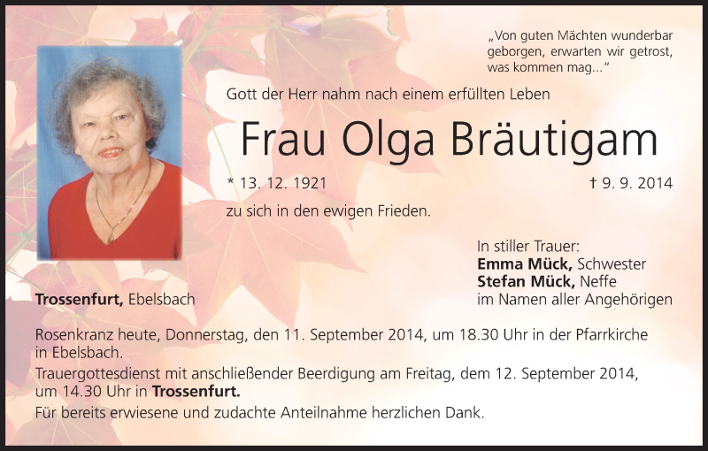  Traueranzeige für Olga Bräutigam vom 11.09.2014 aus MGO