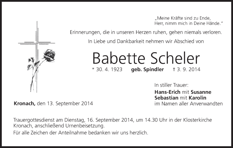  Traueranzeige für Babette Scheler vom 13.09.2014 aus MGO