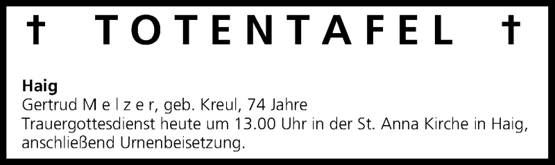  Traueranzeige für Totentafel 12.09.2014 vom 12.09.2014 aus MGO