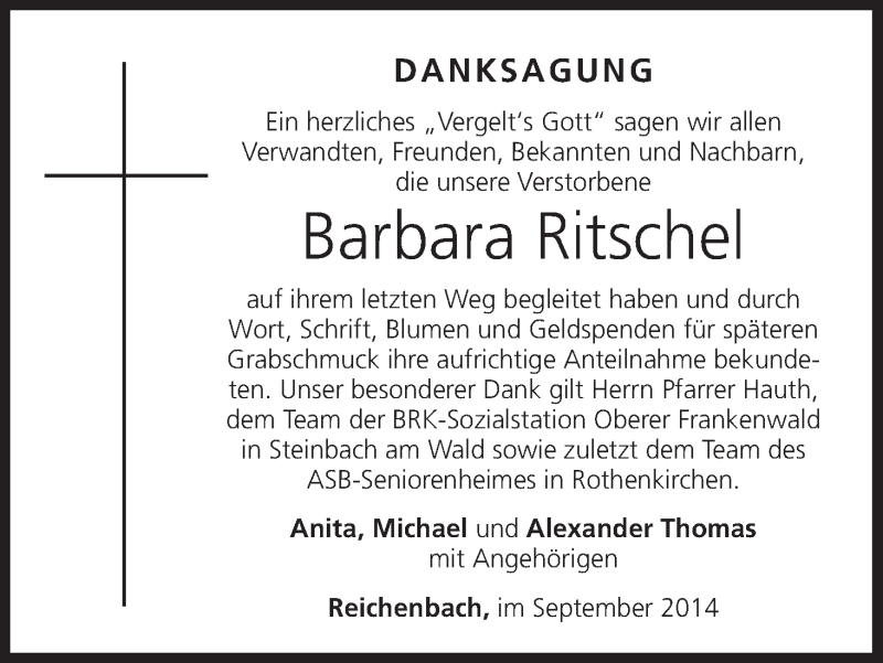  Traueranzeige für Barbara Ritschel vom 13.09.2014 aus MGO