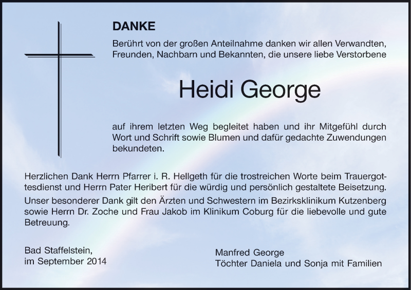  Traueranzeige für Heidi George vom 13.09.2014 aus MGO