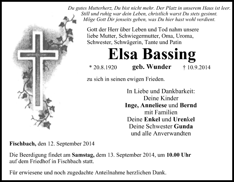  Traueranzeige für Elsa Bassing vom 12.09.2014 aus MGO