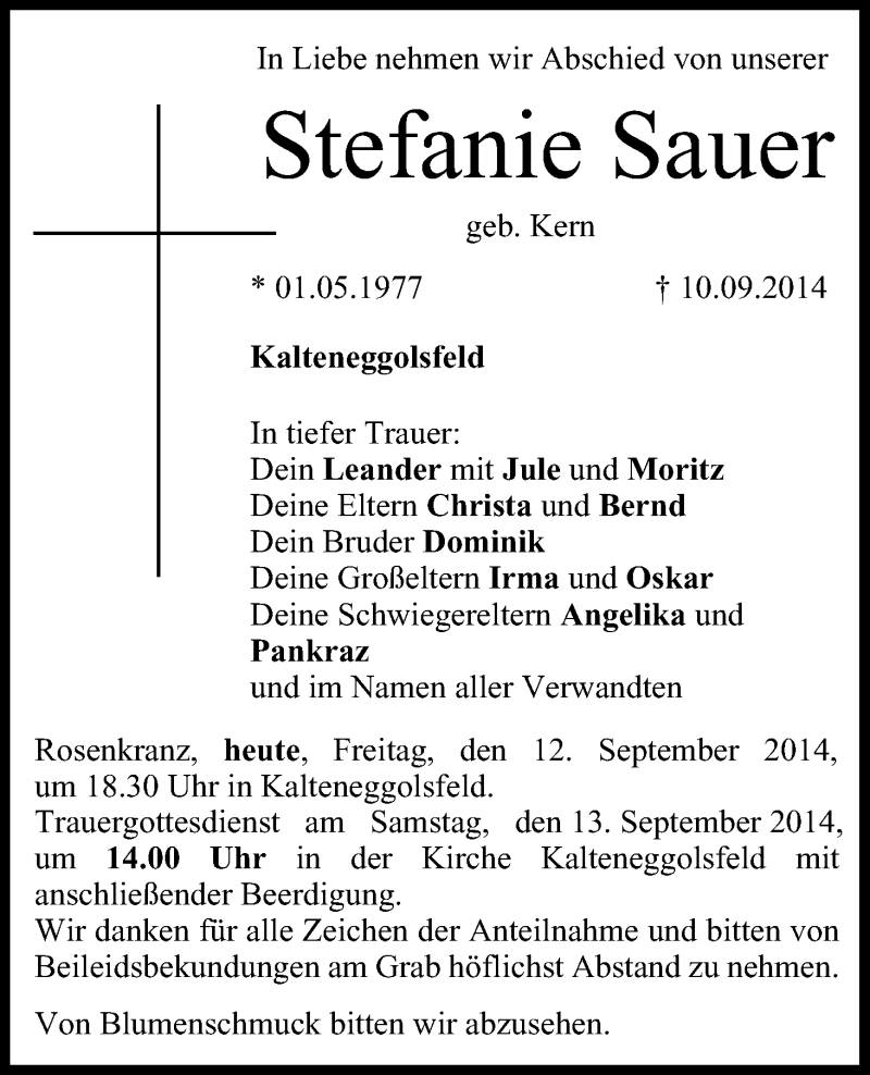  Traueranzeige für Stefanie Sauer vom 12.09.2014 aus MGO