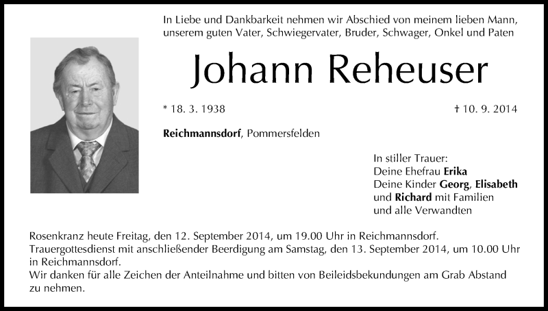 Traueranzeige für Johann Reheuser vom 12.09.2014 aus MGO