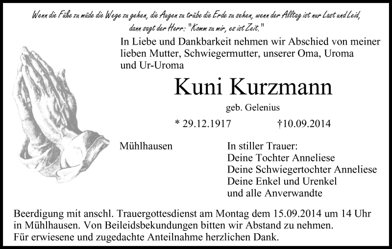  Traueranzeige für Kuni Kurzmann vom 13.09.2014 aus MGO