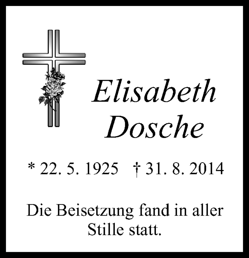  Traueranzeige für Elisabeth Dosche vom 13.09.2014 aus MGO