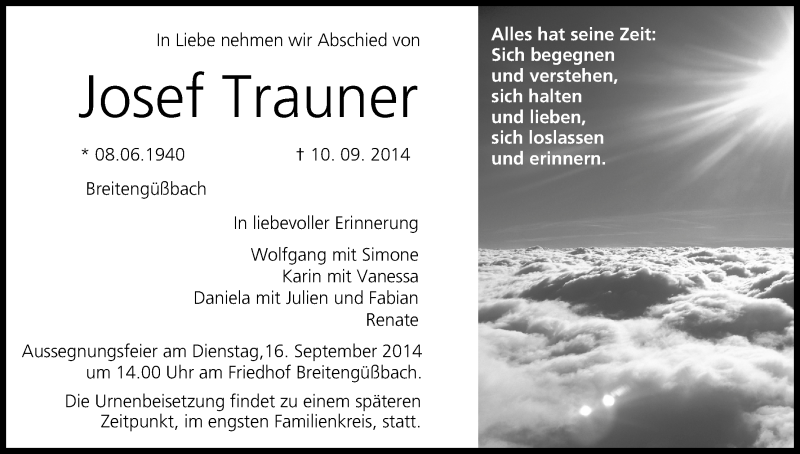  Traueranzeige für Josef Trauner vom 13.09.2014 aus MGO