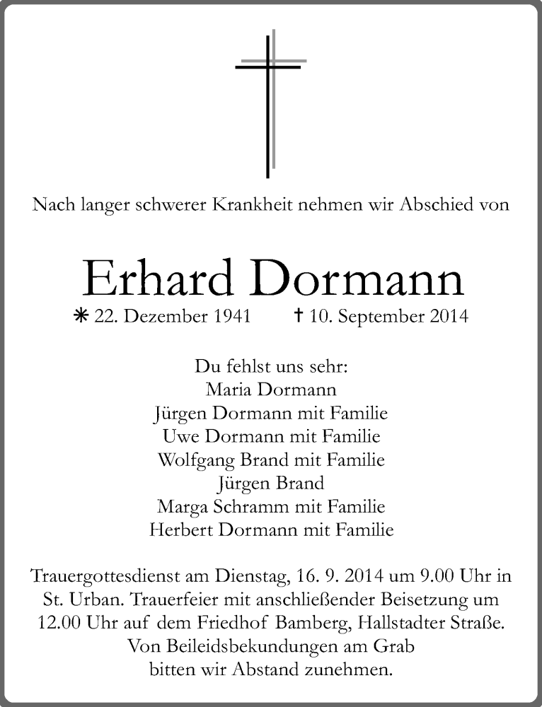  Traueranzeige für Erhard Dormann vom 13.09.2014 aus MGO
