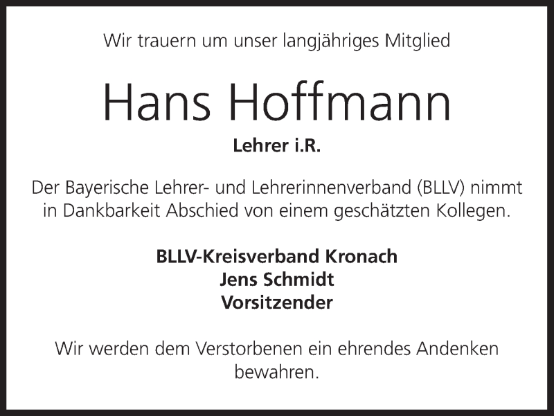  Traueranzeige für Hans Hoffmann vom 13.09.2014 aus MGO
