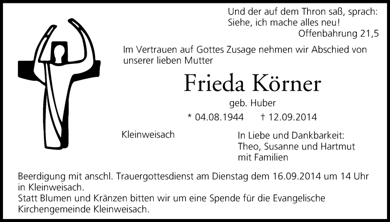  Traueranzeige für Frieda Körner vom 15.09.2014 aus MGO