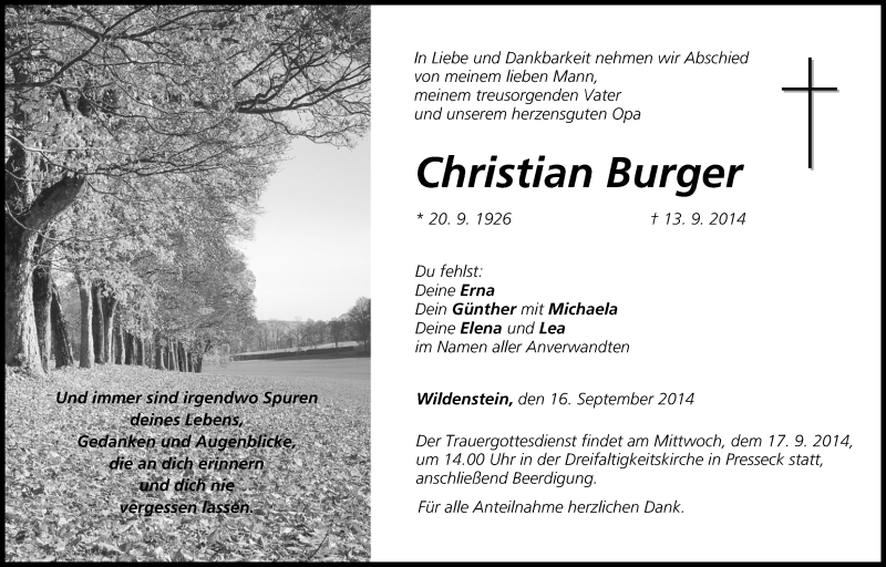  Traueranzeige für Christian Burger vom 16.09.2014 aus MGO