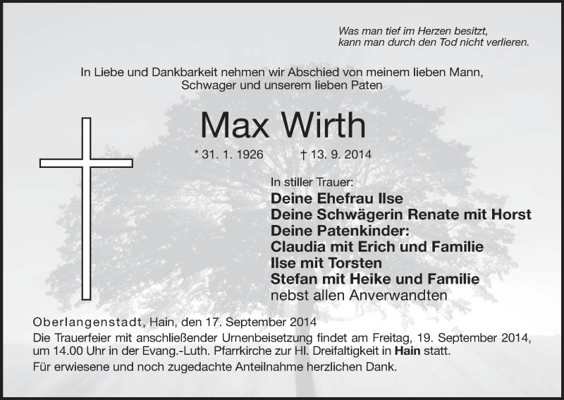  Traueranzeige für Max Wirth vom 17.09.2014 aus MGO