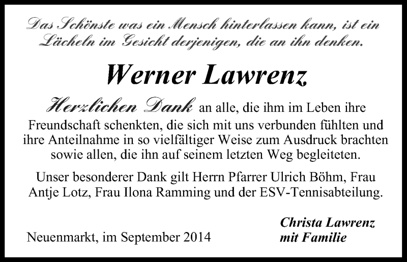  Traueranzeige für Werner Lawrenz vom 20.09.2014 aus MGO