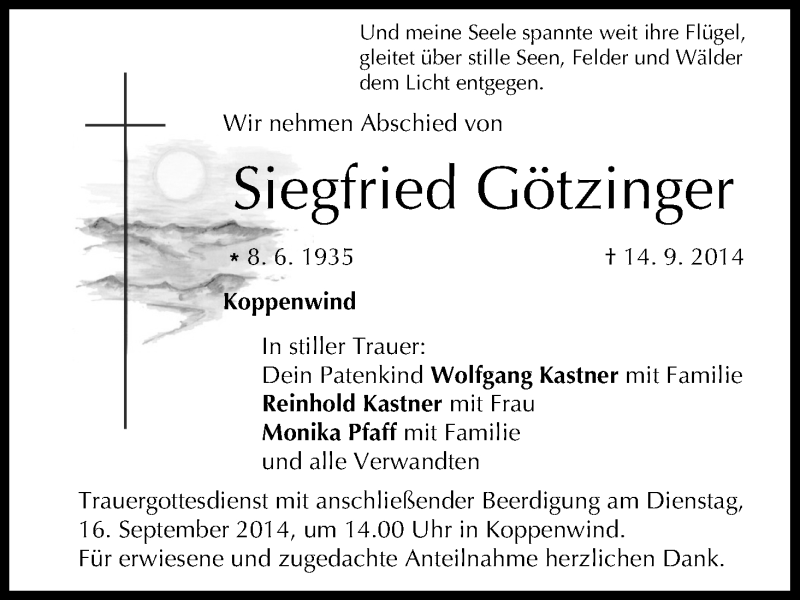  Traueranzeige für Siegfried Götzinger vom 16.09.2014 aus MGO