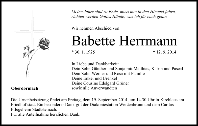  Traueranzeige für Babette Herrmann vom 18.09.2014 aus MGO