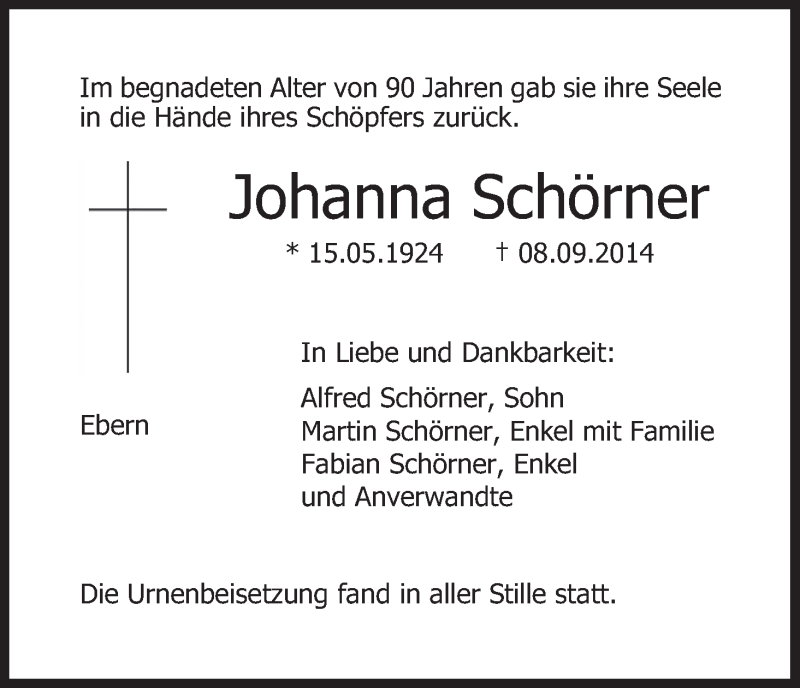  Traueranzeige für Johanna Schörner vom 19.09.2014 aus MGO