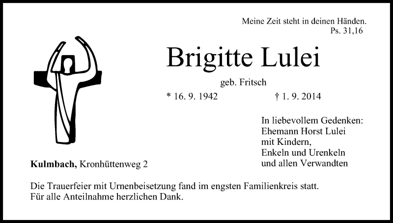  Traueranzeige für Brigitte Lulei vom 20.09.2014 aus MGO