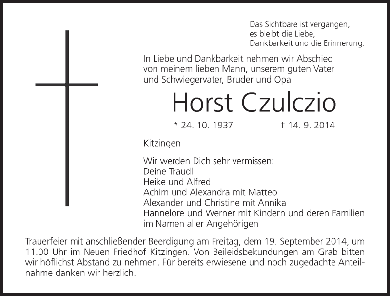  Traueranzeige für Horst Czulczio vom 17.09.2014 aus MGO