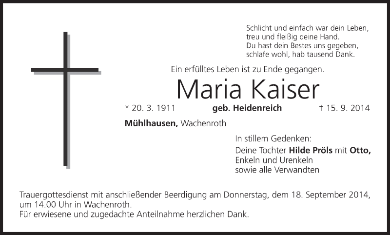  Traueranzeige für Maria Kaiser vom 17.09.2014 aus MGO